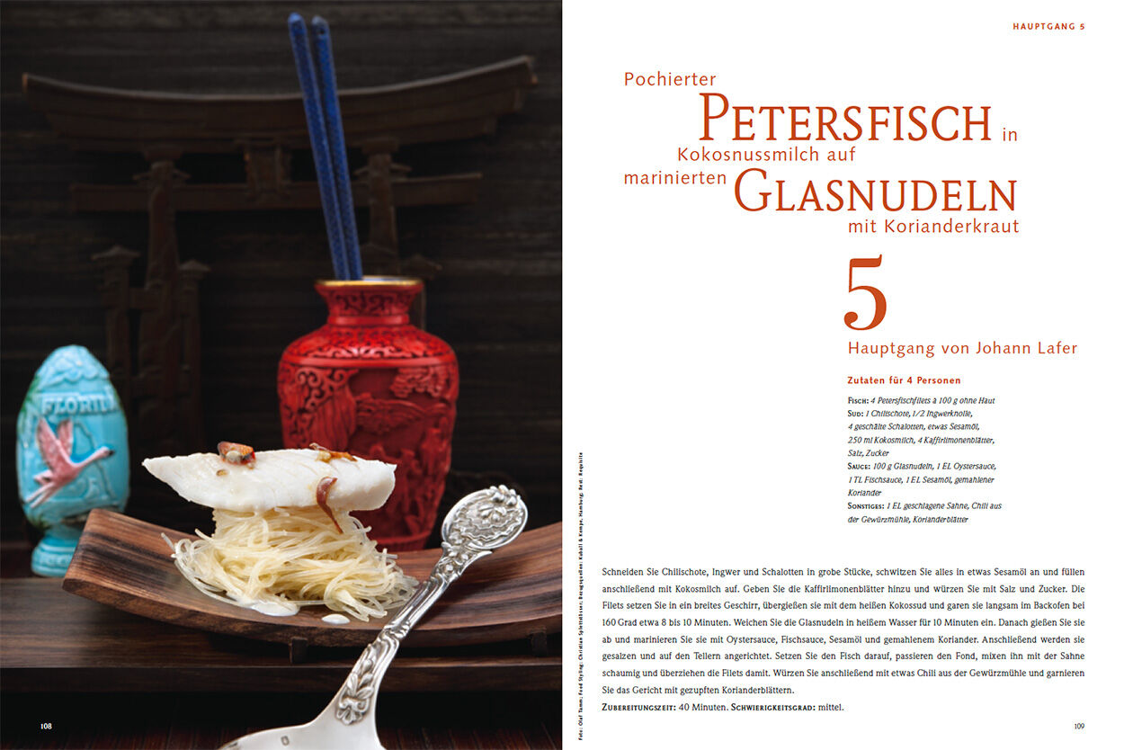 Hauptgang 5: Pochierter Petersfisch in Kokosmilch auf marinierten Glasnudeln mit Korianderkraut