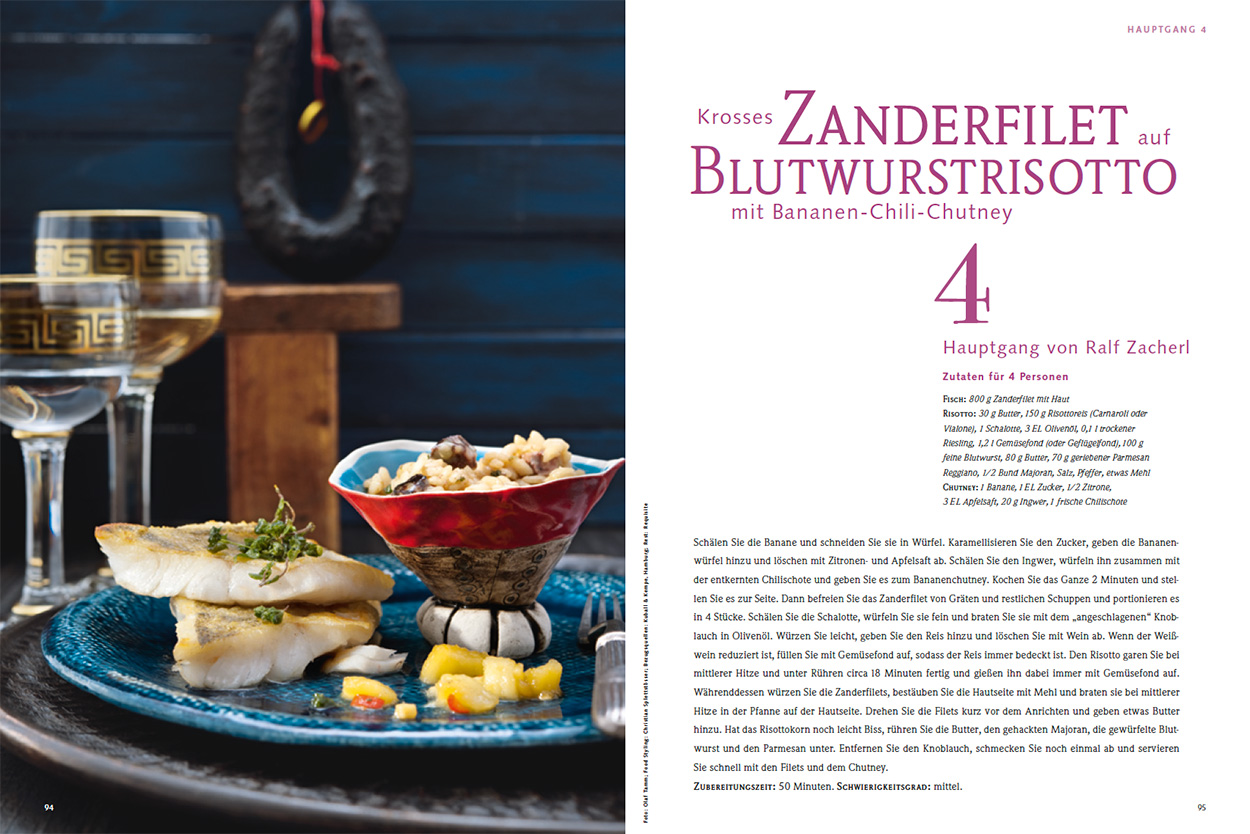 Hauptgang 4: Krosses Zanderfilet auf Blutwurstrisotto mit Bananen-Chili-Chutney